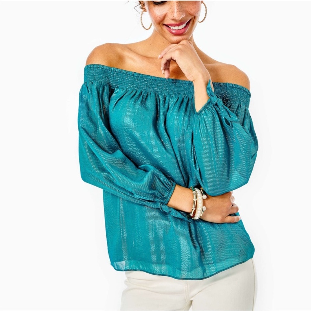 Lilly Pulitzer Maryellen Off-The-Shoulder Top Valencia Teal w/Metallic Stripes